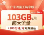 广东流量王纯享版30元一个月，103G通用流量+100分钟通话，在线申请链接